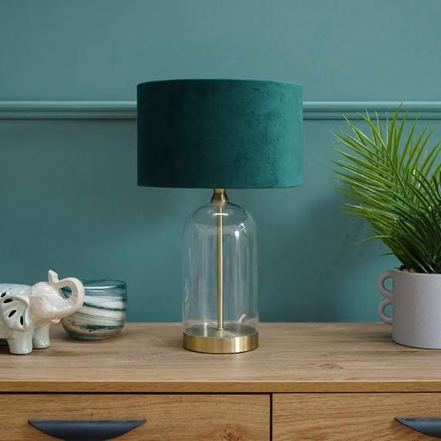 ValueLights Jessy Gold Glass Table Lamp with Green Fabric Shade