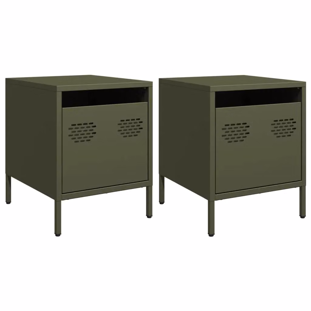 Berkfield Home Set of 2 Metal Bedside Cabinets in Olive Green, W: 35 cm, D: 39 cm, H: 43.5 cm – 2