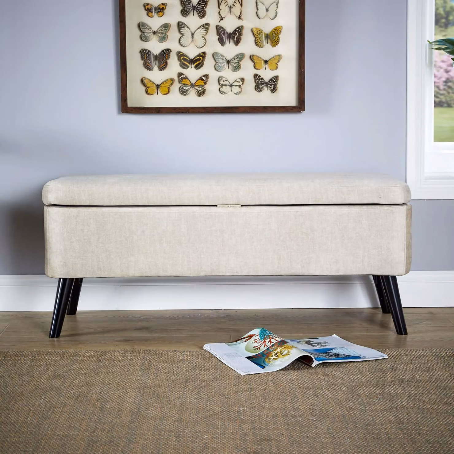 Home Source Grey Velvet Fabric Ottoman Storage Box with Wooden Legs – 2
