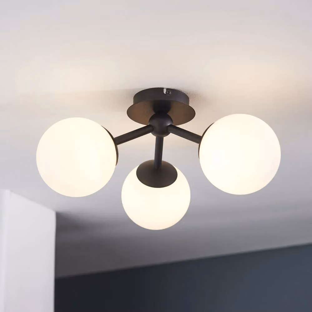 Loops 3-Lamp Semi Flush Bathroom Ceiling Light in Matt Black and White Glass – 4