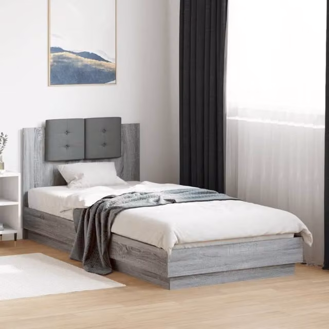 Berkfield Home Grey Sonoma Bed Frame with LED Lighting and USB Charging Port, W/D/H: 90 x 200 cm