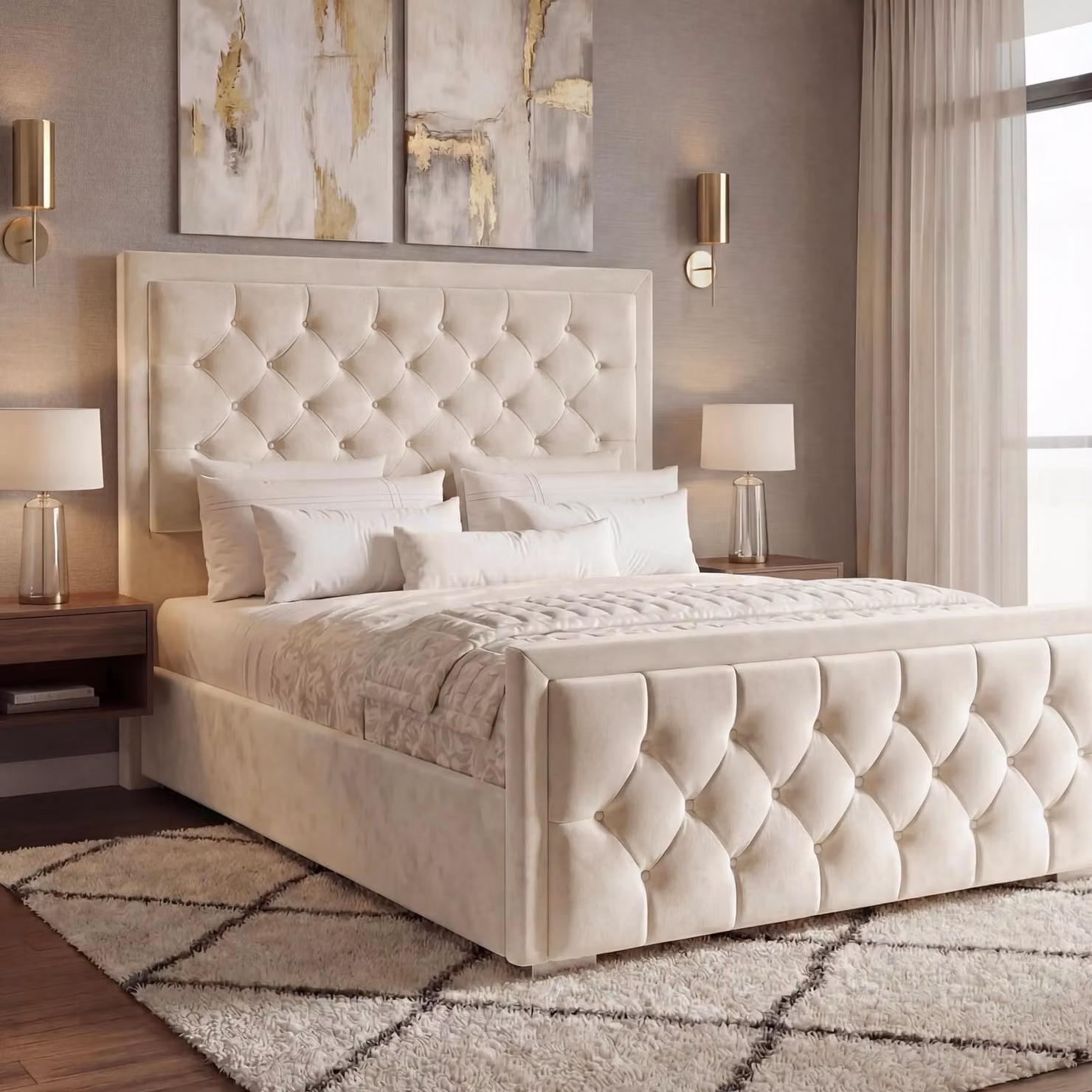 DHS Cross Puffed Velvet Ottoman Storage Bed Frame in Beige, W/D/H: 140 x 200 cm