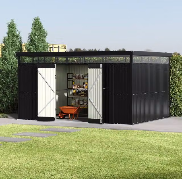 Living and Home Metal Garden Tool Shed in Black, Galvanised Steel, W/D/H: 388 x 301 x 203 cm – 1