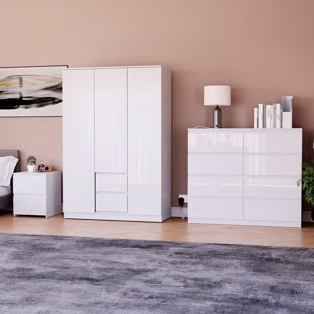 Vida Designs Glinton 3 Piece Modern Glossy White FSC Bedroom Set including Wardrobe, Chest of Drawers and Nightstand