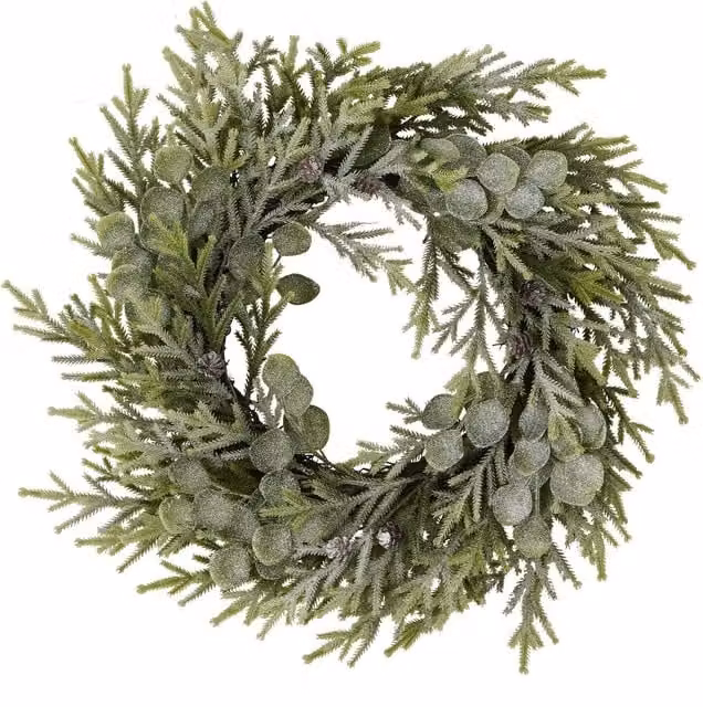 KDMK White and Green Frosted Pine and Eucalyptus Winter Wreath