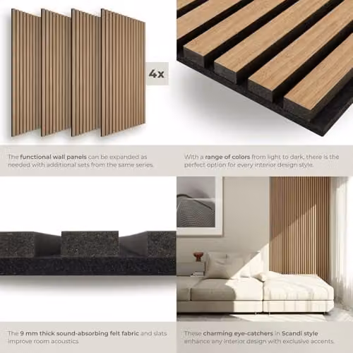 tectake Set of 4 Acoustic Wall Panels with Real Wood Veneer and MDF, Sound-Absorbing Wood Slats with Felt Fabric, Brown, W: 120 cm, D: 60 cm, H: 2.1 cm – 4