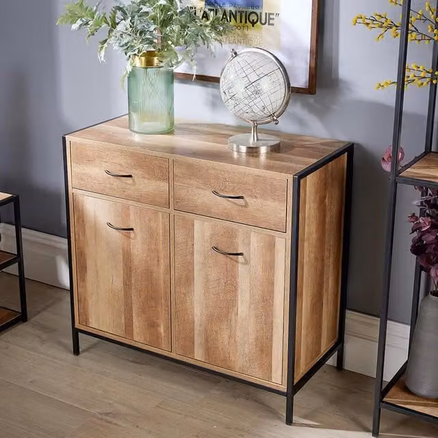 Home Source Oak 2 Door Compact Sideboard with 2 Drawers Storage Unit in Brown and Black