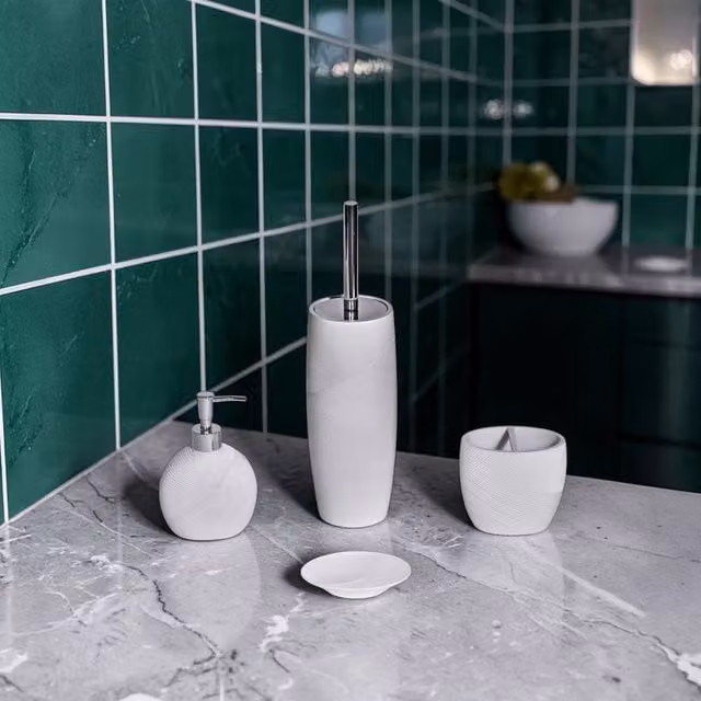 Showerdrape Ripple Textured 4 Piece White Ceramic Bathroom Accessory Set including Soap Dispenser, Soap Dish, Toothbrush Holder and Toilet Brush – 1