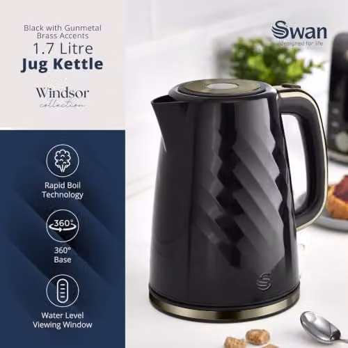 Swan Windsor 1.7L Rapid Boil Kettle in Black with Gunmetal Brass Trim, SK14611GBLK – 6