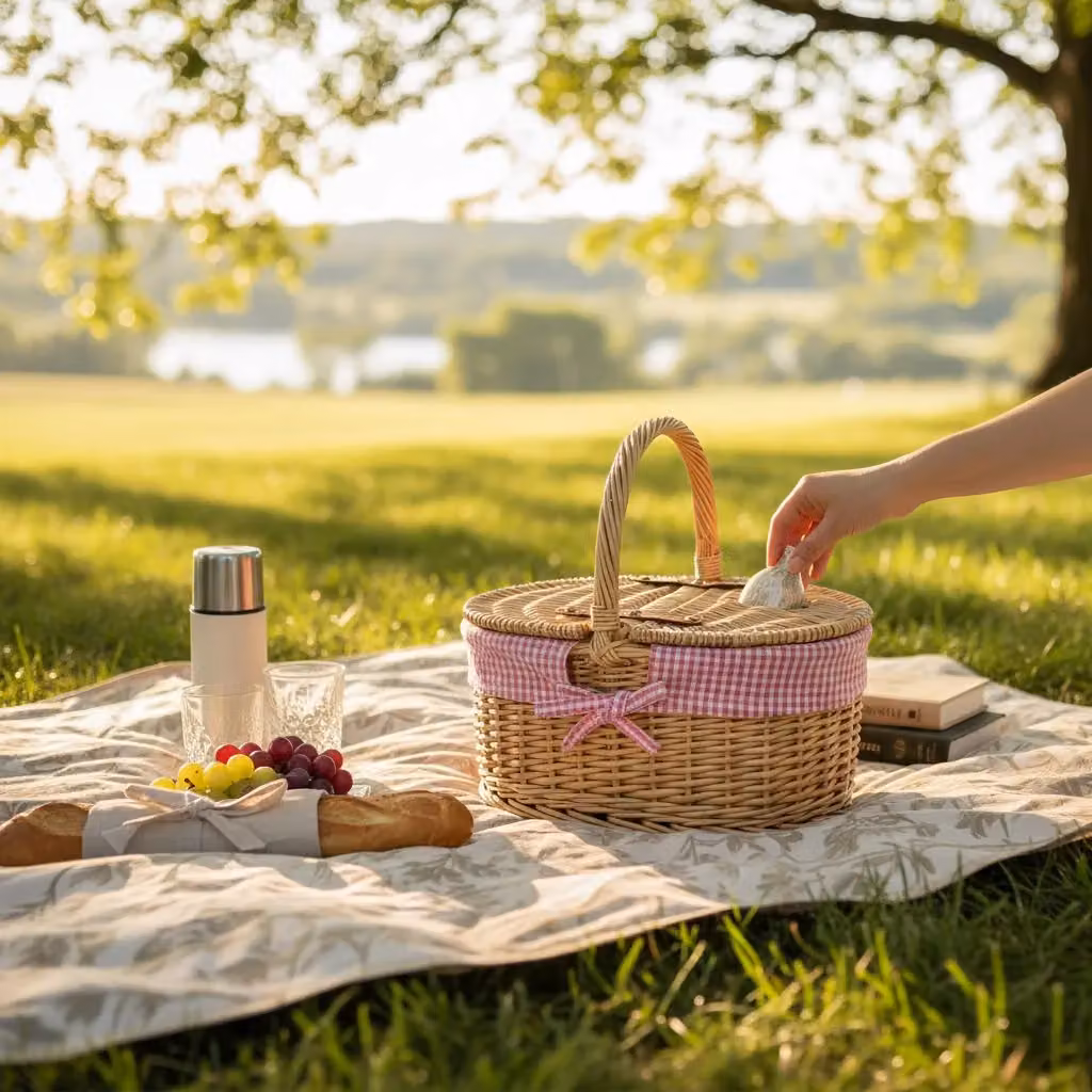Red Wicker Childrens Picnic Basket with Pink Lining in Brown – 2