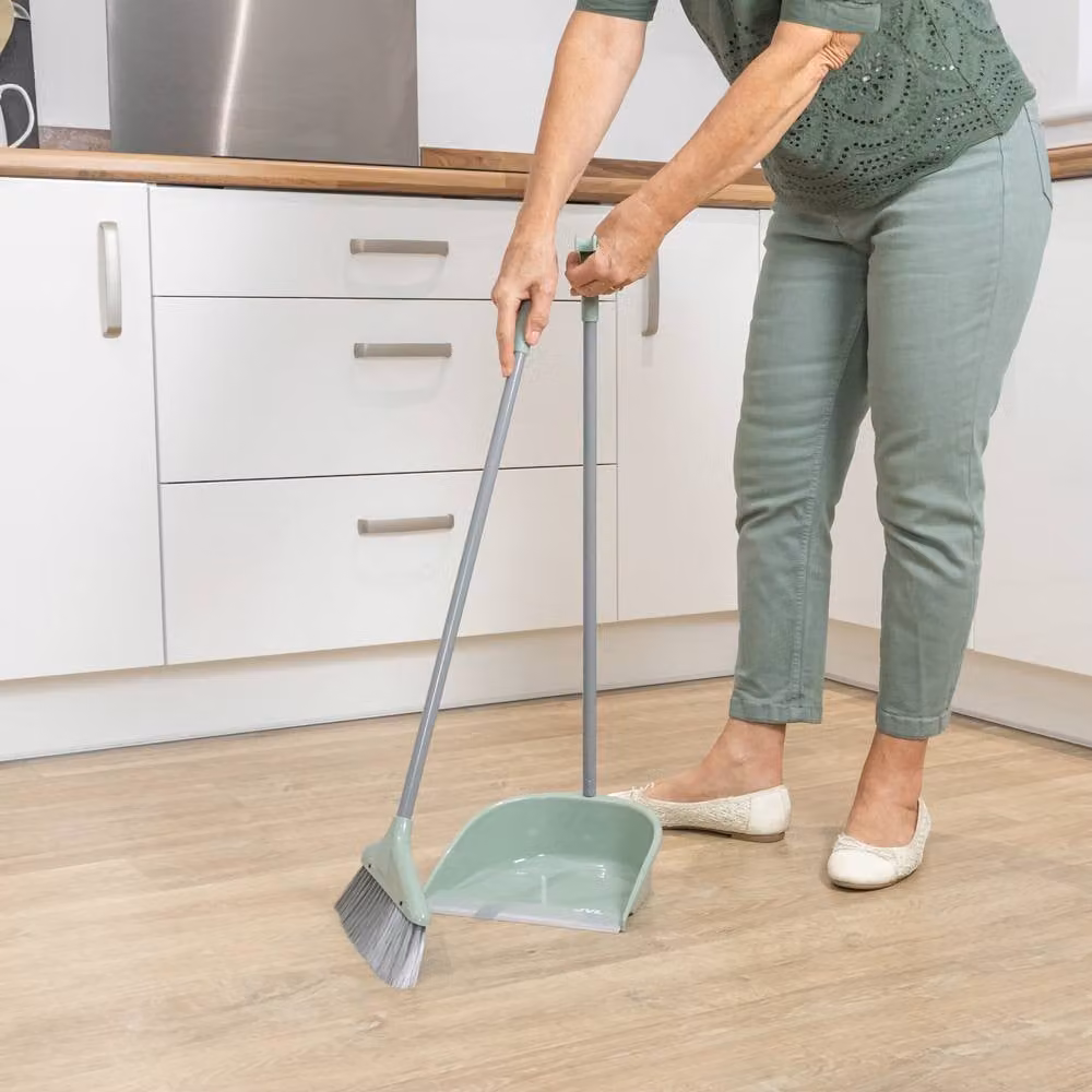 JVL Long Handle Dustpan and Brush Set in Green and Grey – 3