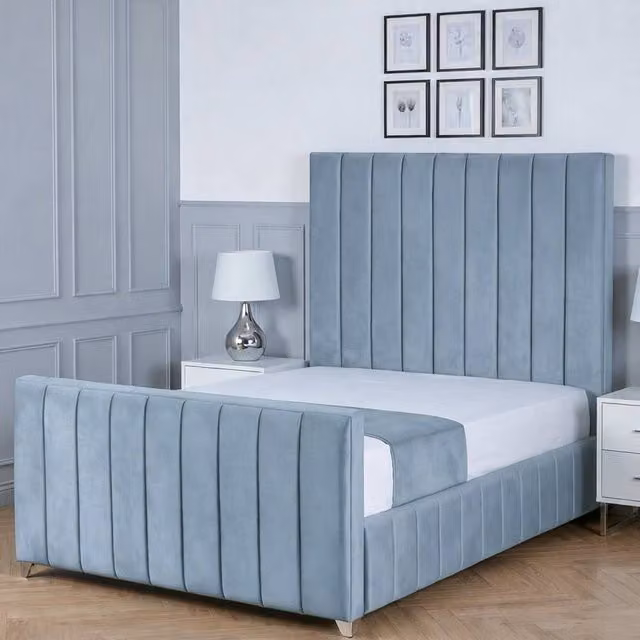 Living Comfort Bedz Zenith Super King Upholstered Plush Velvet Bed with Slatted Base and 48 Inch Headboard in Light Blue, W/D/H: 200 x 200 cm
