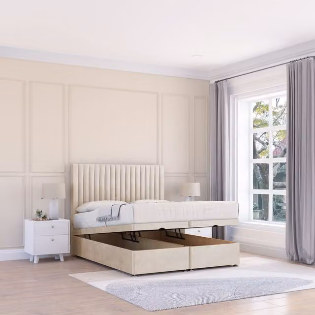Sloomy Manhattan Single Ottoman Bed with Sprung Memory Mattress and 26 Inch Headboard in Beige