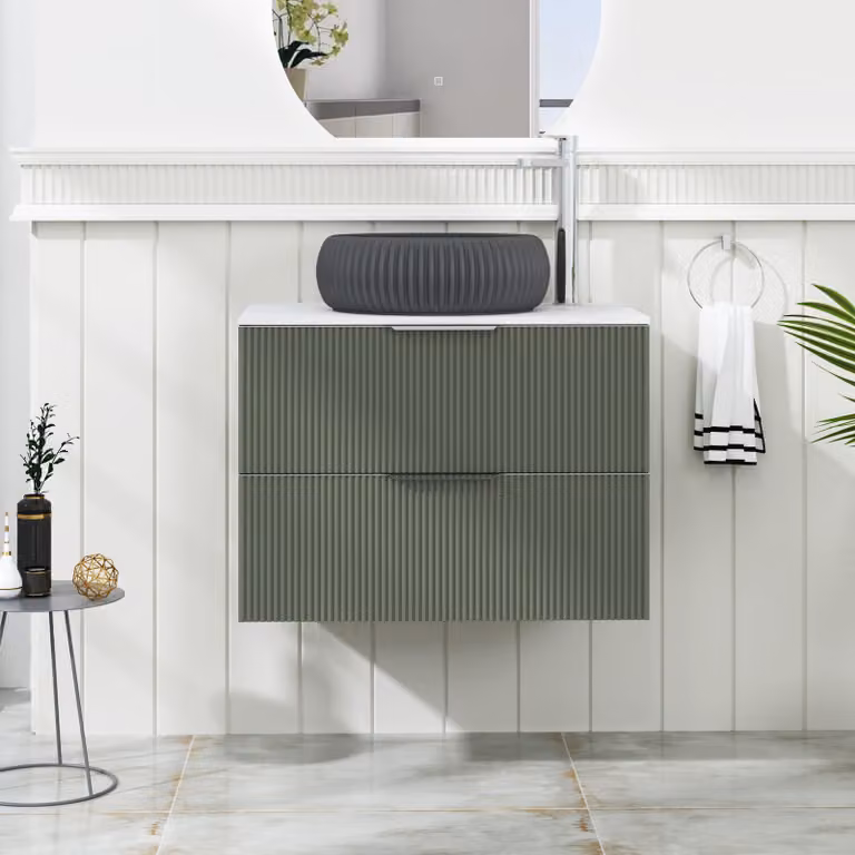 Royal Bathrooms Evora 700mm Sage Green Fluted Wall Hung Vanity Unit with 2 Drawers and Milan Black Basin