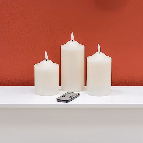 MiniSun Pack of 3 White Real Wax LED Flickering Pillar Candle Lights with Remote Control – 3