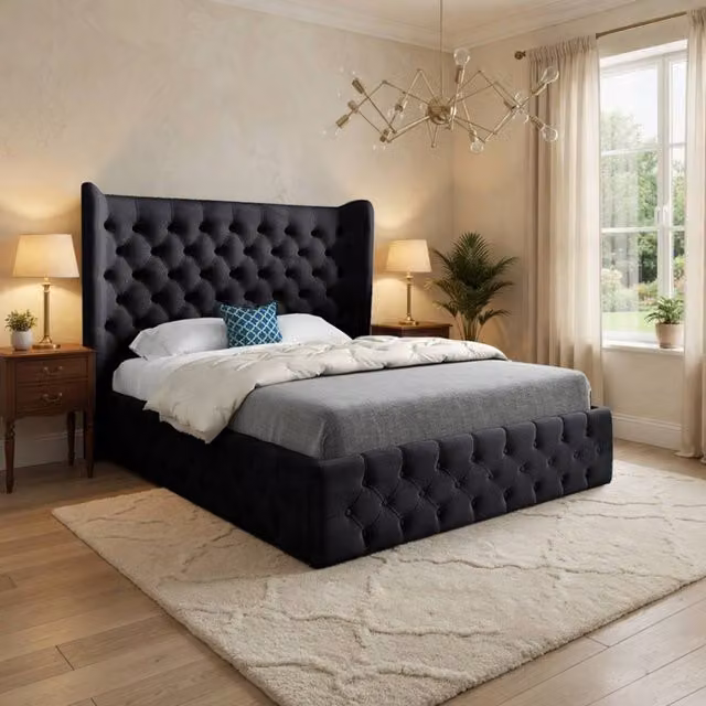 Casani Ickworth Wide Winged Upholstered Designer Bed Frame in Black Soft Velvet, Size: Single (W/D/H: 90 x 190 cm)