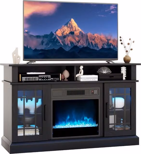 Costway Rustic TV Stand with Electric Fireplace in Black