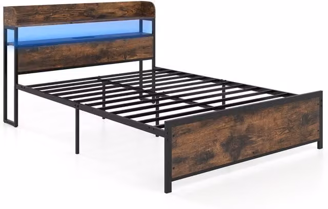 COSTWAY Industrial Brown Bed Frame with USB Charging Ports, Bedside Shelf and Under-Bed Lighting