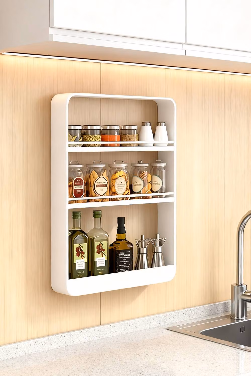 Living and Home 3-Tier Wall-Mounted Spice Rack and Kitchen Storage Organiser in White – 3