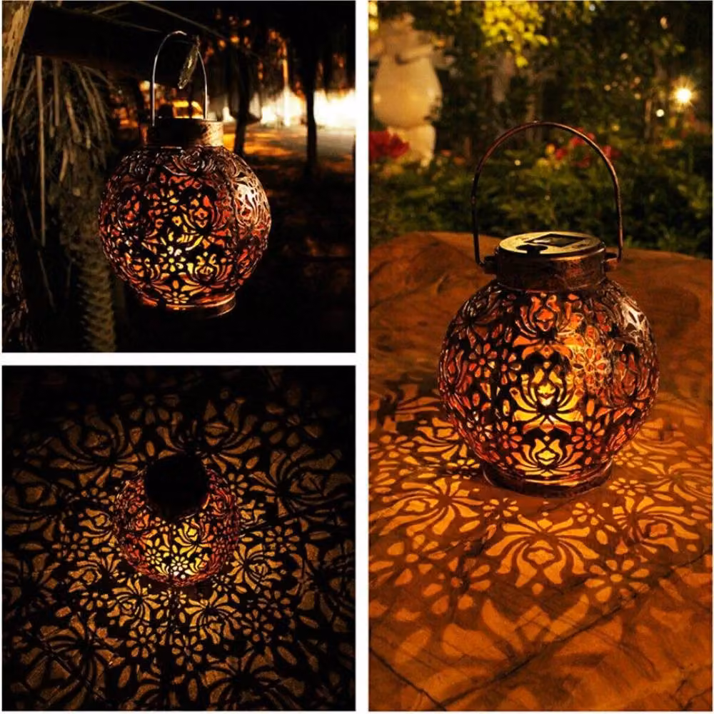 EONLION 2-Piece Solar Powered LED Moroccan Metal Lanterns in Bronze, Height: 100 cm – 3