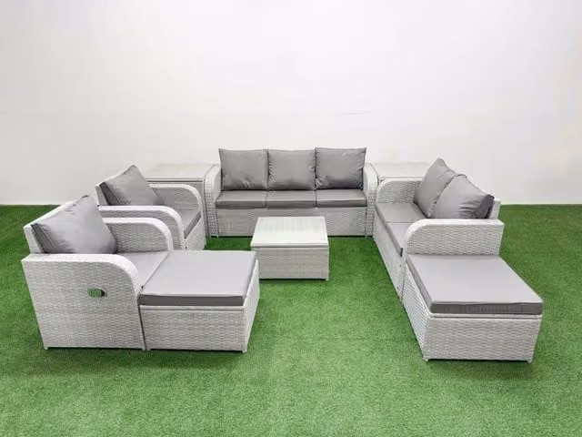 Fimous Grey PE Rattan Garden Furniture Set with 2 Seater Sofa, Coffee Table, 2 Ottomans and 2 Side Chairs