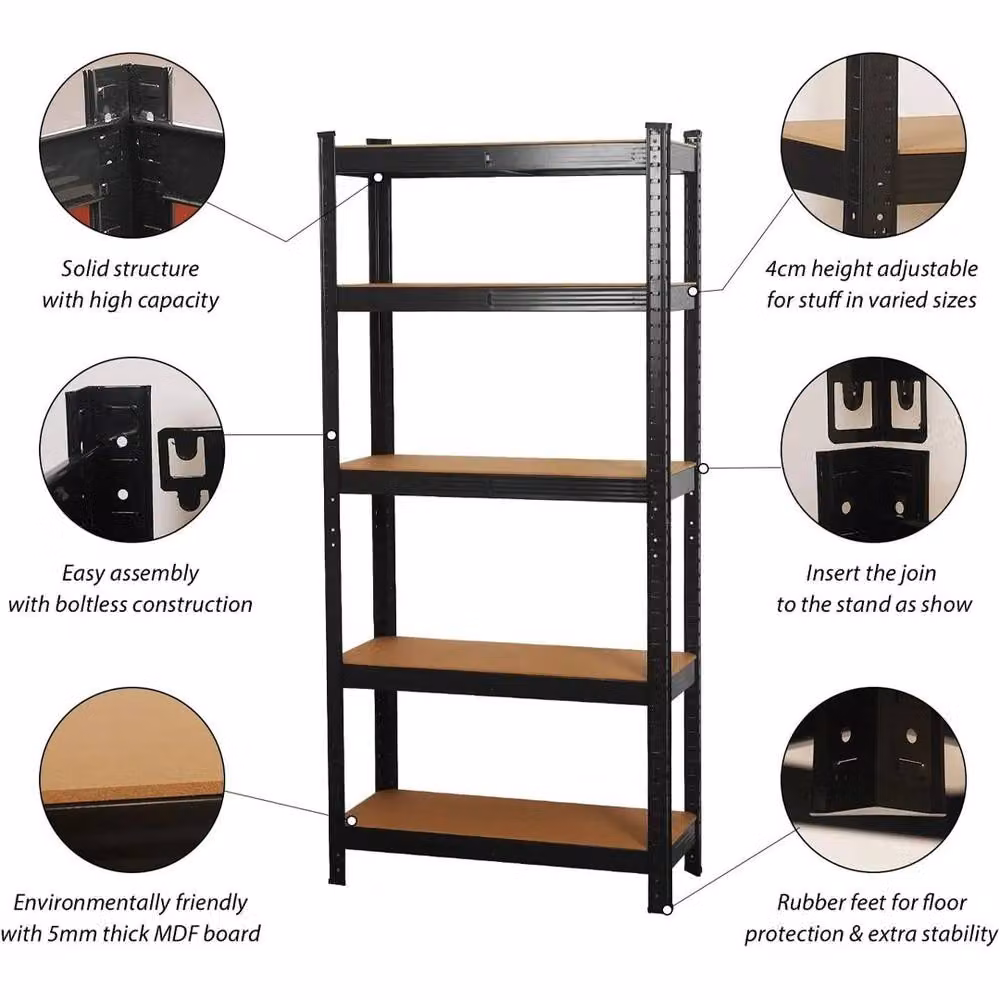 Ventryn Black 5-Tier Adjustable Floor-Standing Storage Rack, H 180 x W 90 x D 40 cm – 3