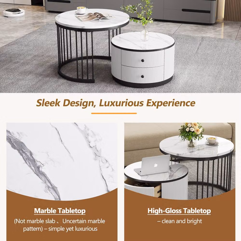 Matteo Modern Round Nesting Coffee Table Set with Marble Top and 2 Drawers in White and Black – 4