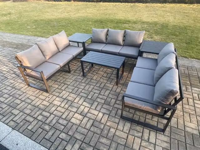 Fimous 9 Seater Outdoor Garden Furniture Set with Upholstered Cushions and Oblong Coffee Table in Dark Grey