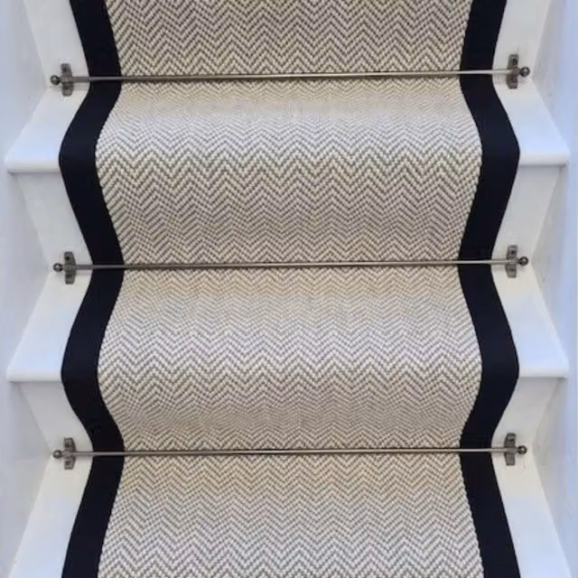 RainbowHome Herringbone Dapple Wool Stair Runner with 100% Cotton Black Border in Light Grey, W: 60 cm, L: 650 cm