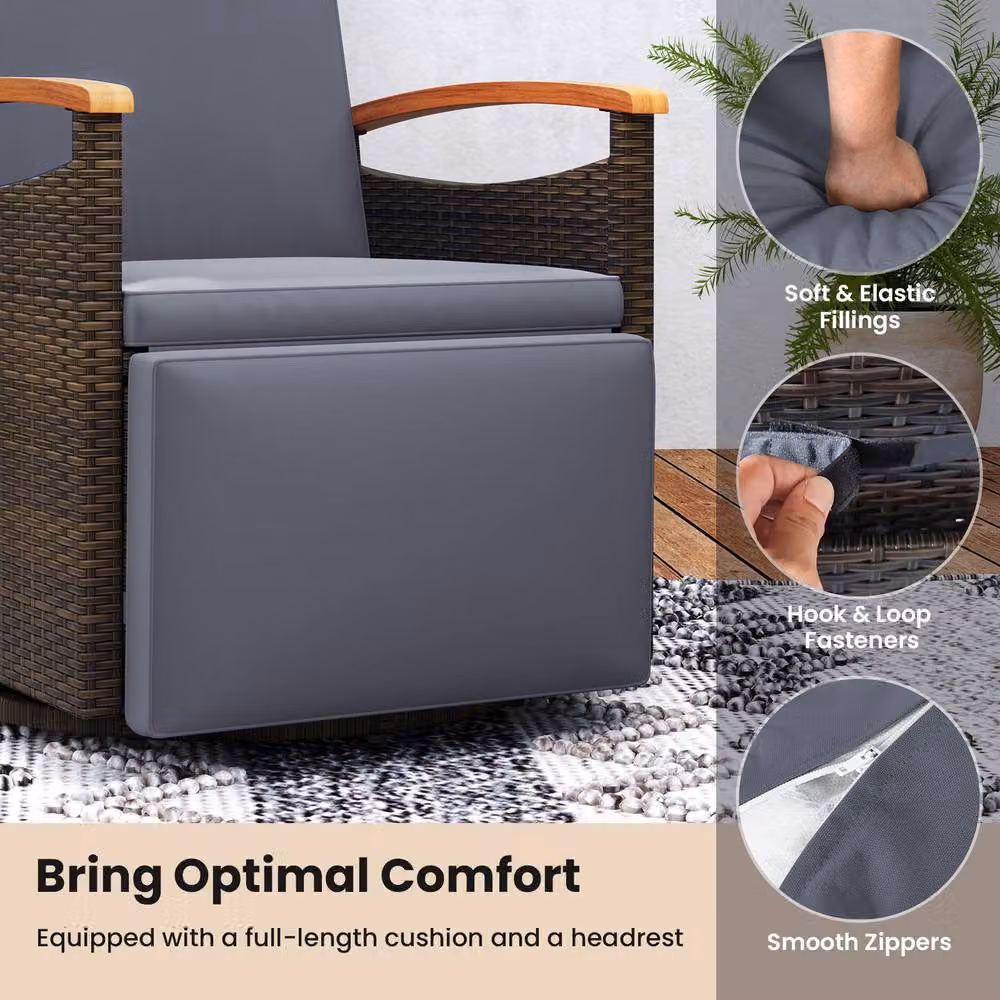 Gymax 360 Swivel Wicker Lounge Chair with Flip Side Table and Gas Spring Recline in Grey – 6