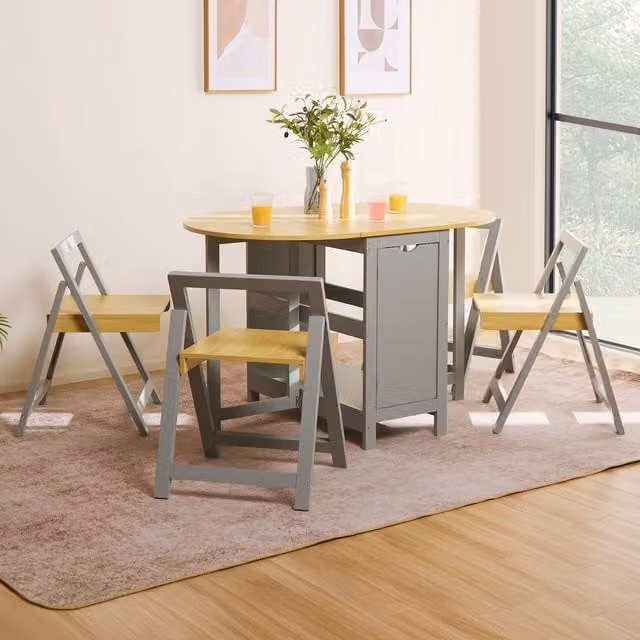 VonHaus Firbeck Grey Folding Dining Table and 4 Chairs Set with Butterfly Leaf