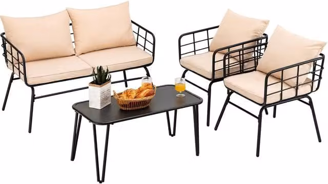 Costway 4 Piece Outdoor Patio Conversation Set in Beige with Upholstered Cushions and Powder Coated Steel Frame – 1