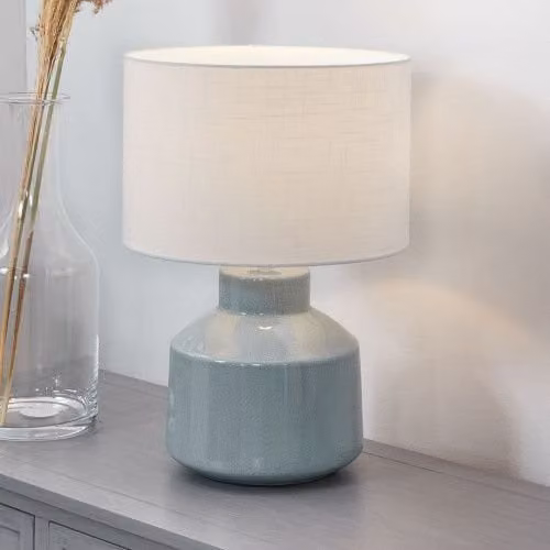 Ruma Small Crackle Effect Table Lamp with Ceramic Base and Blue and White Fabric Shade – 1