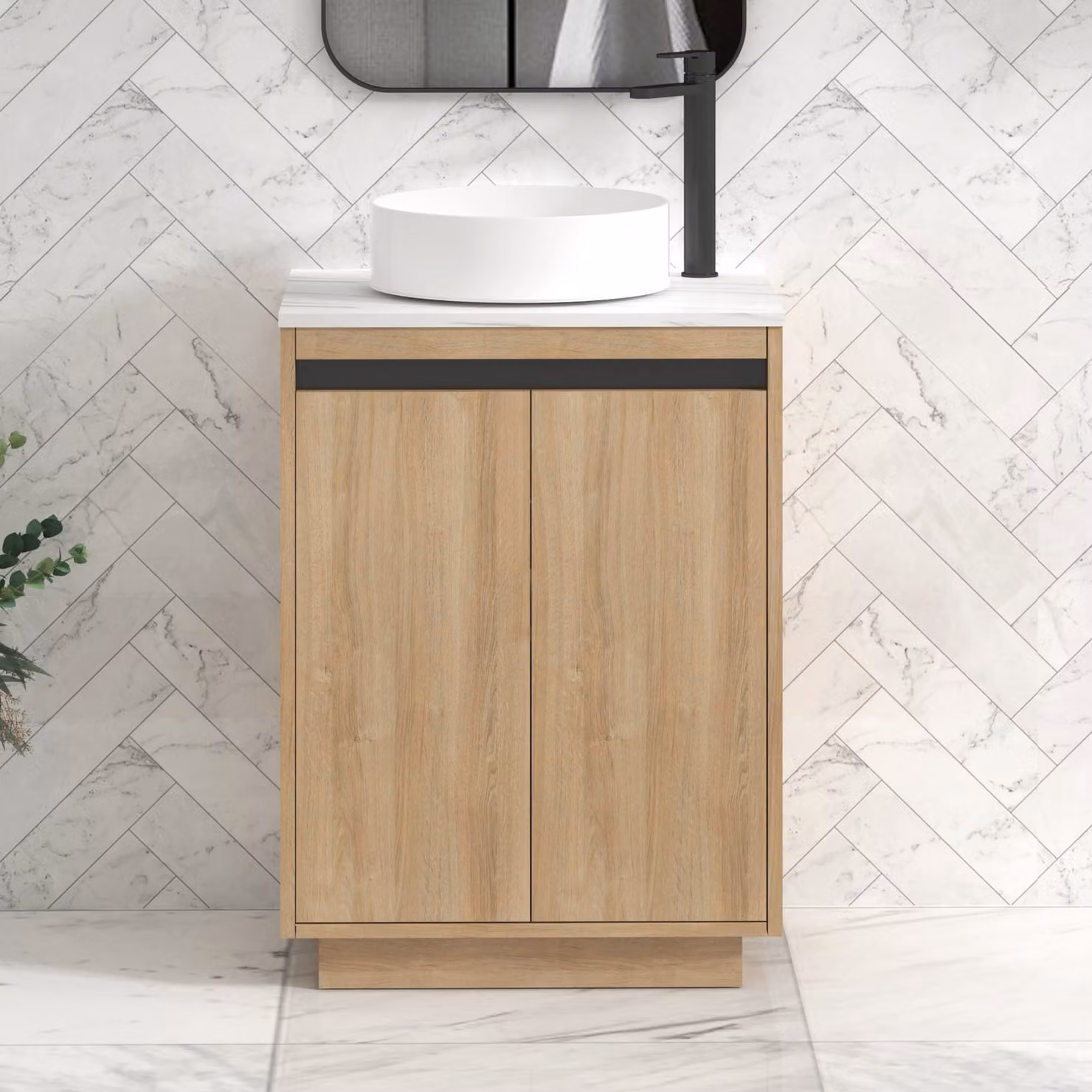 Royal Bathrooms Orion 600mm Natural Oak Floor Standing 2 Door Bathroom Vanity Unit with Carrara White Undrilled Worktop and Black Accent Trim