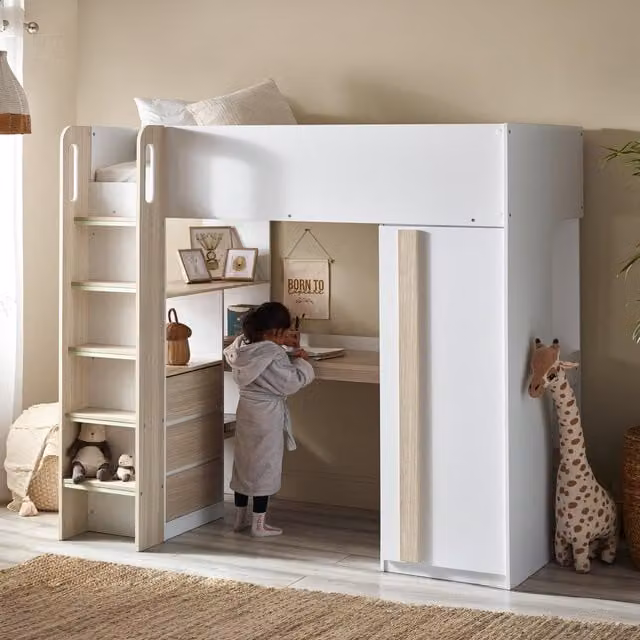 Julian Bowen Ocean Highsleeper Single Bed in Wood and White with Drawers and Stairs
