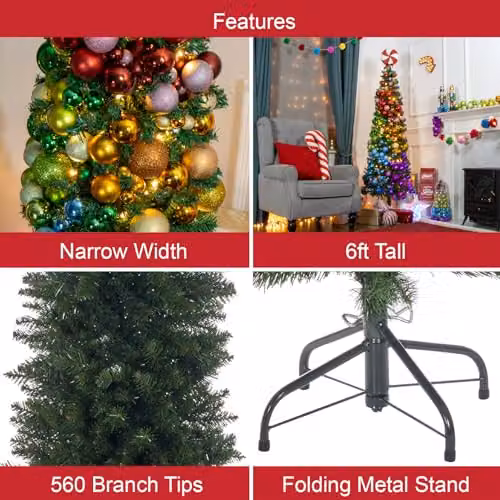 The Christmas Workshop 6ft Slimline Green Artificial Christmas Tree with Metal Stand – 3