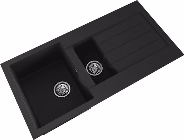 Balterley Reversible 1.5 Bowl Granite Composite Kitchen Sink with Drainer and Overflow, Matt Black, W: 100 cm x D: 50 cm