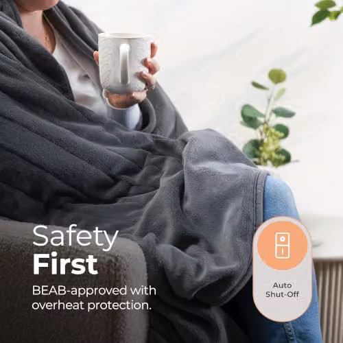 Abode Grey Microfleece Electric Heated Throw with 9 Heat Settings and Auto Shut-off – 9