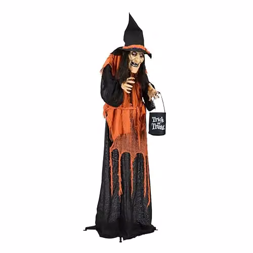Lights4Fun Animated Witch Halloween Decoration with Candy Bag, Pumpkin Coloured Robe and Flashing Red LED Eyes, Height: 160 cm – 2
