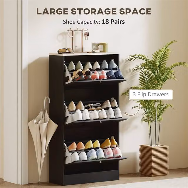 Kelvenix Modern Black Matt Wall Mounted Shoe Storage Cabinet with 3 Tilting Compartments