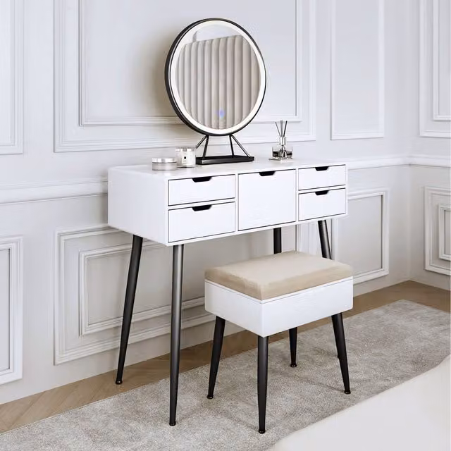 Carme Modern Dressing Table with LED Mirror in White and Black with Glass and Metal Details