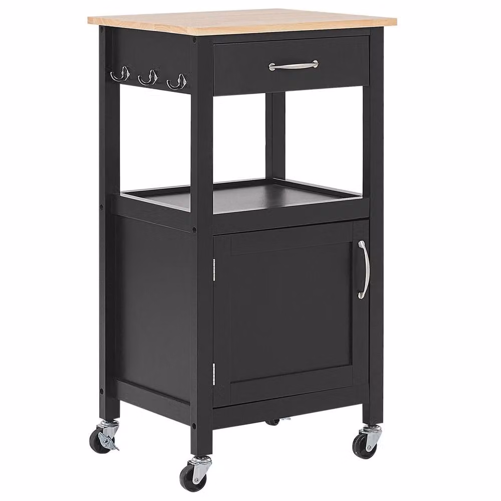 Wyld and Coco Essentials Modern Black Kitchen Trolley with Rubberwood Top and Drawer, H 91.0 x W 60.0 x D 48.0 cm – 2