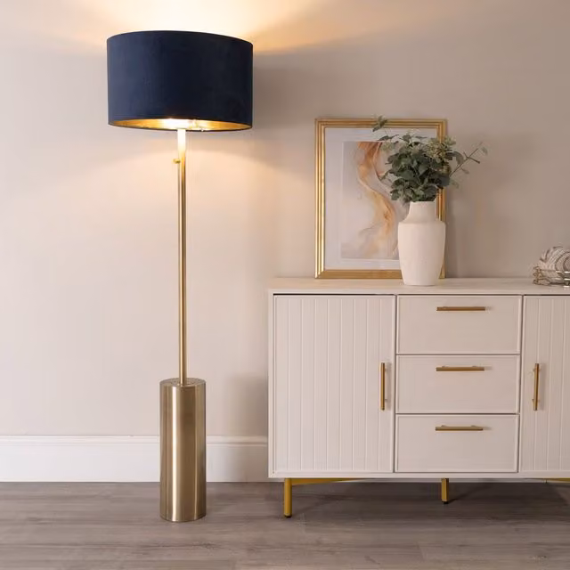 ValueLights Lexy Dimmable Floor Lamp with Gold Brass Metal Base and Dark Navy Velvet Drum Shade including Bulb – 1