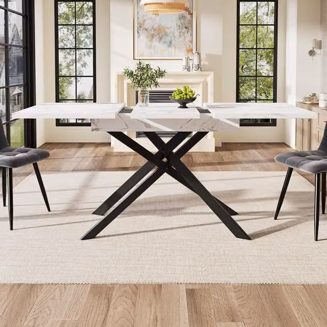 Aosom UK Extendable Dining Table with White Marbled MDF Top and Black Crossed Iron Legs, W/D/H: 120-160 x 80 x 76.5 cm – 1
