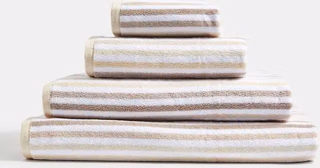 M&S Fluffy Pure Cotton Striped Towel in Beige