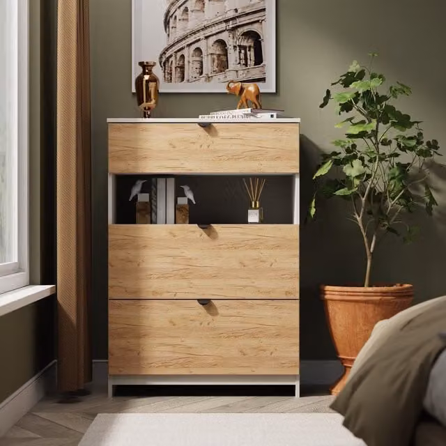 Bora Ready Assembled 3 Drawer Deep Chest with Shelf in Gold Craft Oak and Kashmir