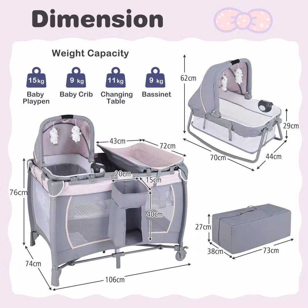 CASART Foldable Nursery Center Bassinet and Baby Playard with Diaper Changing Table in Grey and Multicolour – 2