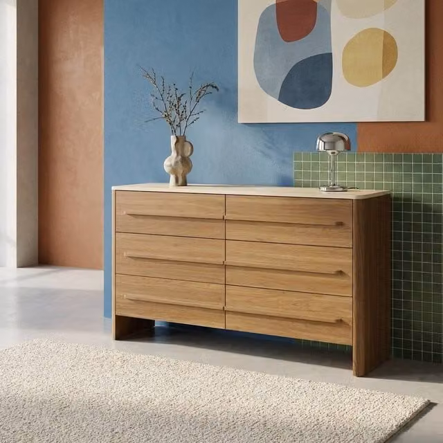 sweeek Dark Brown 6-Drawer Chest with Travertine Effect Top and Wood Decor, W: 120 cm, H: 74 cm, D: 40 cm – 1