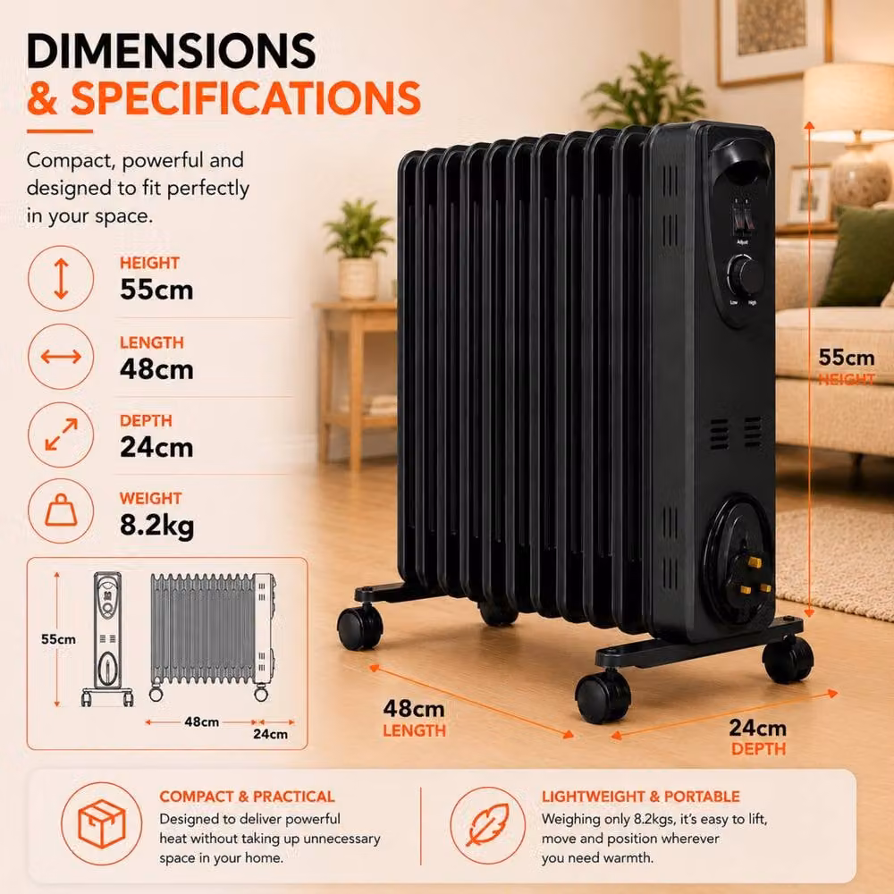 MYLEK 2.5kW Electric Oil Filled Radiator with Adjustable Thermostat in Black – 2