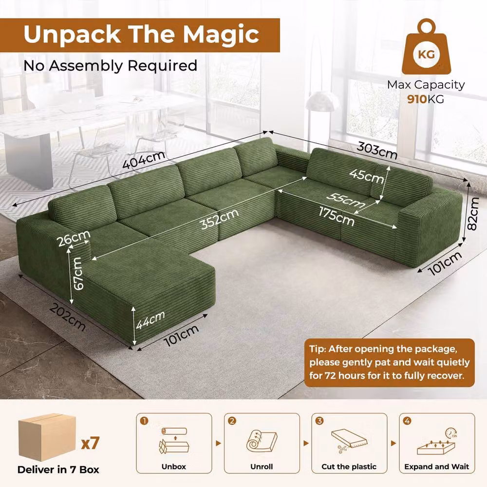 Dprodo Green Corduroy Modular 6 Seater L-Shape Corner Sofa with Matching Ottoman and Removable Covers – 2